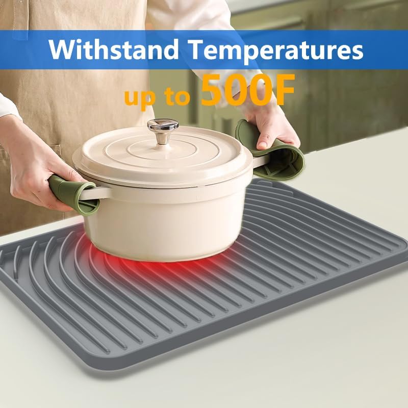 Dish Drying Matt for Kitchen Counter,18"×12"Silicone Dry Rack Mat with Built in Drain, Kitchen Dry Mats for Dishes Drying Pad for Counter(gray)