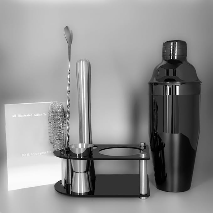 Cocktail Shaker Bartender Kit: 5 Piece Bar Tool Set, Cocktail Shaker Set with Stand, Drink Mixing Includes Martini Shaker,Strainer,Jigger,Bar Mixer Spoon,Muddler (Black, 750ml(25oz))