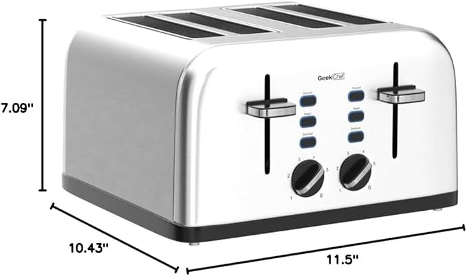 Toaster 4 Slice, Geek Chef Stainless Steel Toaster with Extra Wide Slotsďź4 Slot Toaster with Bagel/Defrost/Cancel Function, Dual Control Panel of 6 Toasting Bread Shade Settings, Removable Crumb Trays, High Lift Lever, ETL