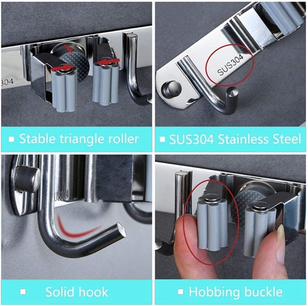 Broom Mop Holder Wall Mount Stainless Steel Tool Hanger Storage Organizer for Home, Kitchen, Garage, Garden, Laundry Room, Bathroom Organization and Storage(4 Racks 5 Hooks)
