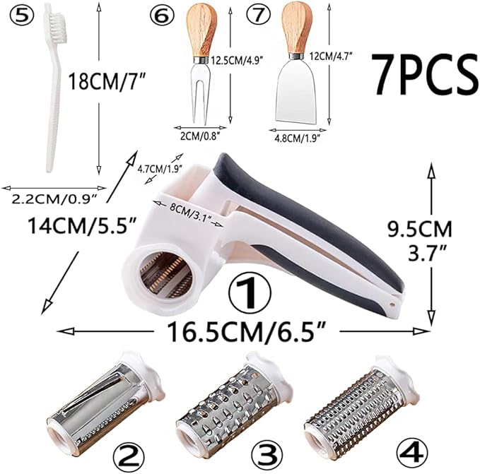 Cheese grater with handle, rotary cheese grater with 3 stainless steel Drums and 2 cheese tools and cleaning brush, ergonomically designed, can be used to grate Parmesan cheese, chocolate, nuts, etc