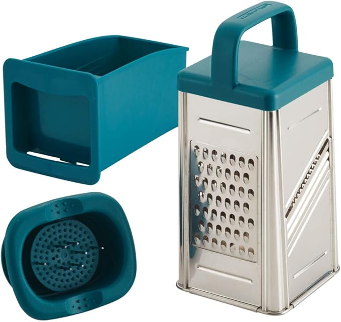 Rachael Ray Tools and Gadgets Stainless Steel Box Grater for Vegetables, Chocolate, Hard Cheeses, and more, Teal Blue