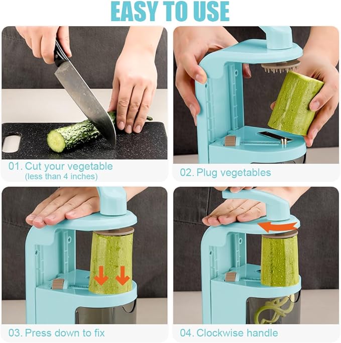 Vegetable Spiralizer 4-IN-1 Rotating Blade Veggie Spiralizer Zucchini Noodle Maker with Strong Suction Cup Spiral Vegetable Cutter Slicer - Blue