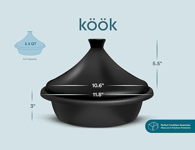 Kook Moroccan Tagine, Enameled Cast Iron Cooking Pot, Tajine with Ceramic Cone-Shaped Closed Lid, 3.3 QT (Matte Black)