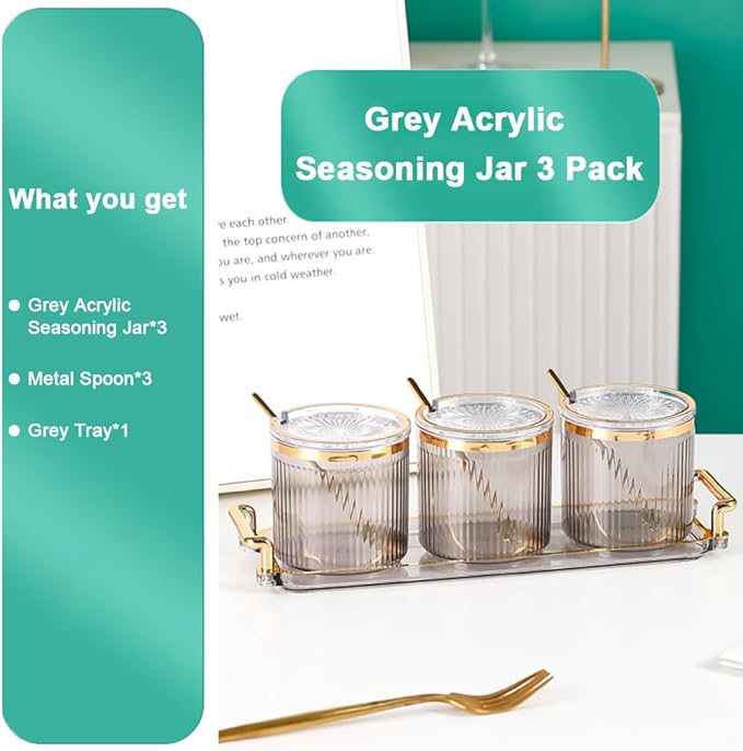 Acrylic Condiment Spice Jars,Condiment Spice Box With Lids and Spoons and Tray,Clear Plastic Condiment Canisters,Seasoning Box 3 Pack,Seasoning Box Set for Kitchen to Storage Salt,Paprika,Sugar