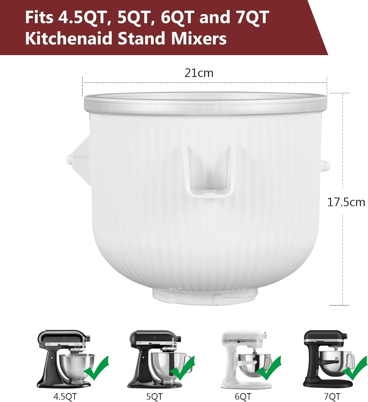 Ice Cream Maker Attachment for Kitchenaid, 2 Quart Frozen Ice Cream Bowl for Stand Mixer 4.5/5/6/7QT, Sorbet Gelato Maker for Homemade Ice, Dessert, Yogurt