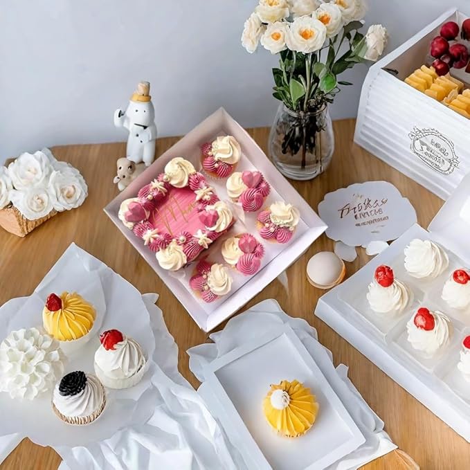 Bento Cake and Cupcake Box 10 sets 6-inch Cake and 5 Cupcakes Box Cake Box with Cupcake Insert Easy to Assemble Base for Family Birthday Party Mother's day (10 sets with cupcake), white