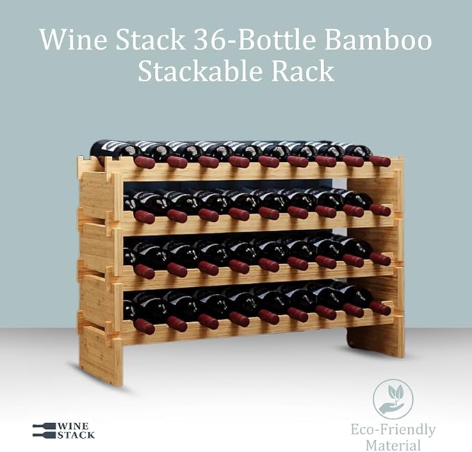 36 Bottle Bamboo Stackable Freestanding Wine Rack, No Tools Assembly, Durable, Wine and Liquor Bottle Storage for Small Spaces