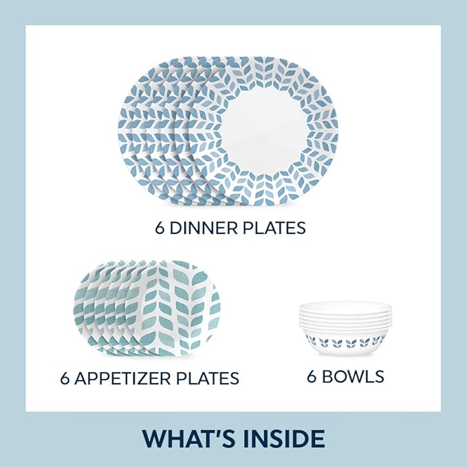Corelle Global Collection Vitrelle 18-Piece Dinnerware Set Triple Layer Recycled Glass, Lightweight Eco-Friendly Round Plates and Bowls Set, Northern Pines