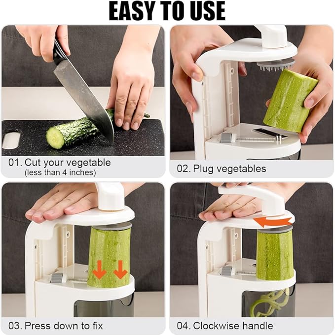 Vegetable Spiralizer 4-IN-1 Rotating Blade Veggie Spiralizer Zucchini Noodle Maker with Strong Suction Cup Spiral Vegetable Cutter Slicer - White