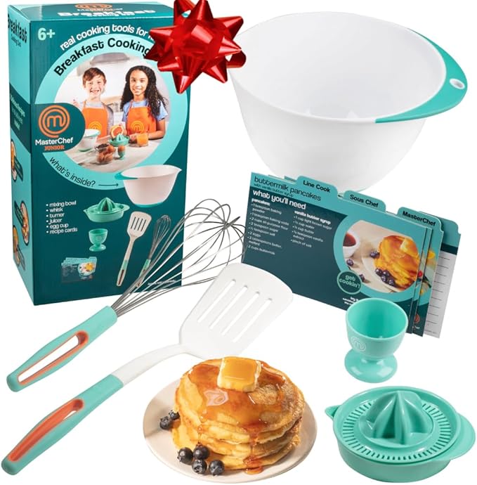 MasterChef Junior Breakfast Cooking Set- 6 Pc Kit w Real Cooking Tools for Kids & Recipes- Includes Spatula, Mixing Bowl, Whisk, Egg Cup, Juicer- Make Pancakes, Crepes & More- Fun Breakfast Essentials