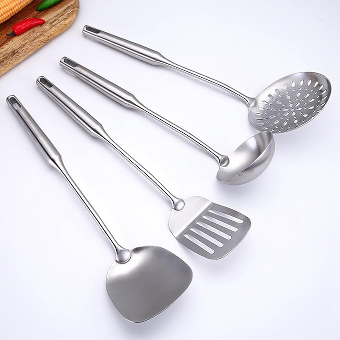 304 Stainless Steel Cooking Utensil Set 4-Piece Kitchen Utensils with Extra-Long Handles, Spatula,Ladle,Slotted Spoon,Slotted Spatula,One-Piece Construction, Ideal for Wok, Grilling, and Gifting
