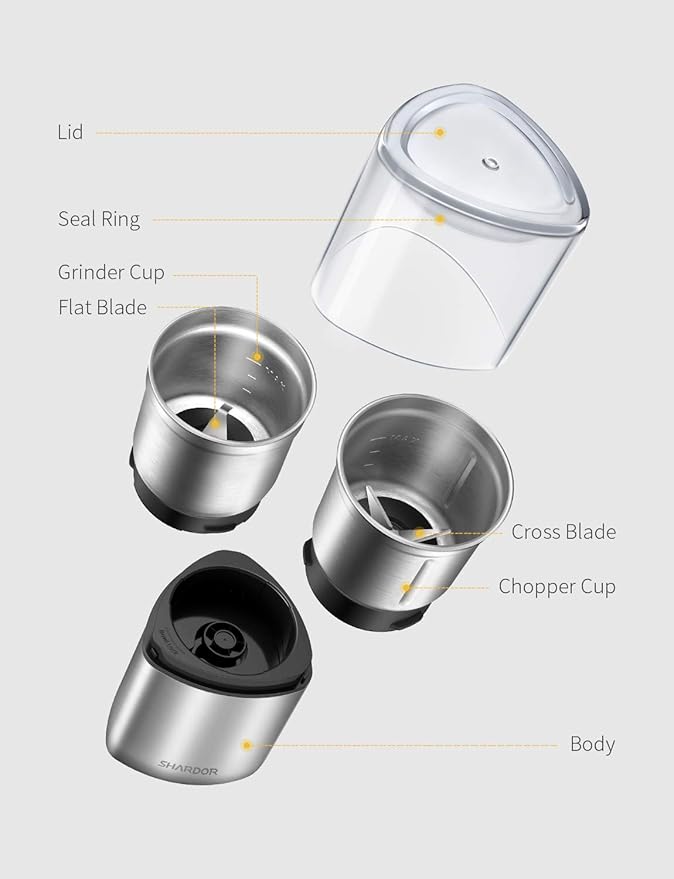 SHARDOR Electric Coffee Grinder Herb Blade Grinder Spices Grinder with 2 Removable Stainless Steel Bowls, Silver