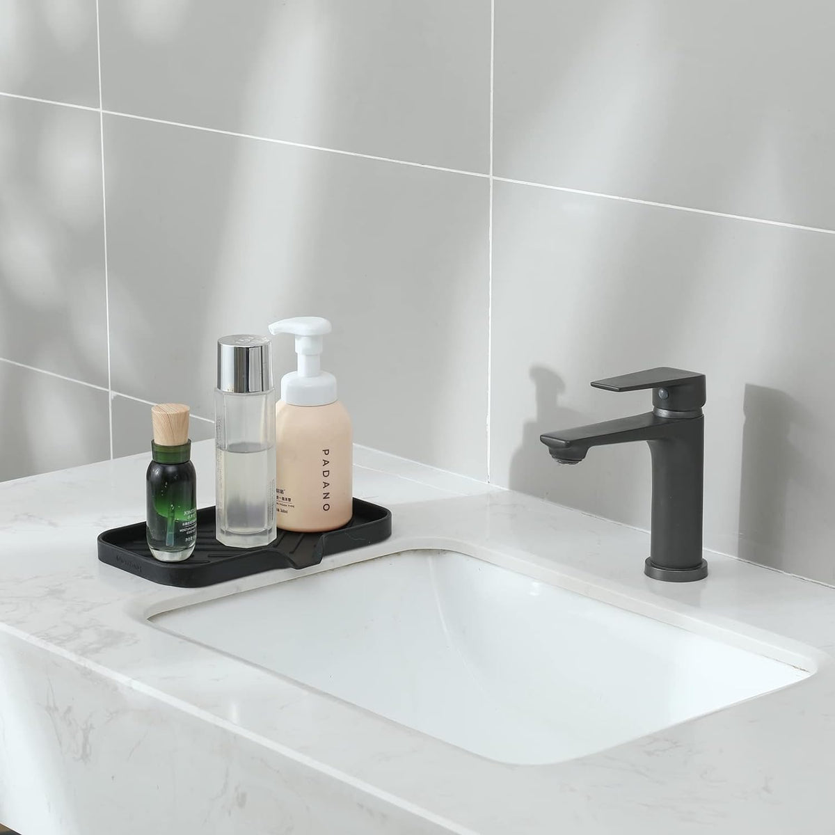 Silicone Bathroom Soap Dishes with Drain Spout-Bathroom and Kitchen Sink Organizer,Sponge Holder,Dish Soap Tray,Perfect for Dispenser,Scrubber,Bottle,Cup on Sink or Counter-Black 9.6"×5.3"
