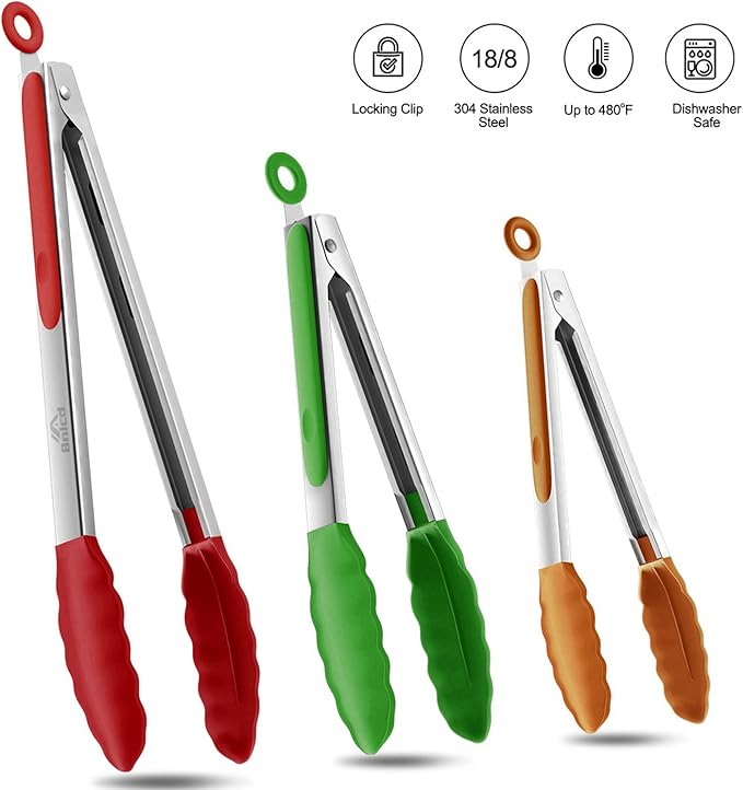 600ºF Heat Resistant Kitchen Tongs, Premium Locking Cooking Tongs with Silicone Tips, Non-Slip Food Tongs for Cooking, Non-Stick, Heavy Duty Stainless Steel Handle, Set of 3-7" 9" and 12" Multicolor