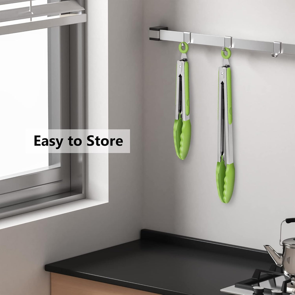 Premium Silicone Set of 2 Cooking Tongs, 9-Inch & 12-Inch BPA Free Non-Stick Stainless Steel BBQ Grilling Locking Food Tong, Light Green