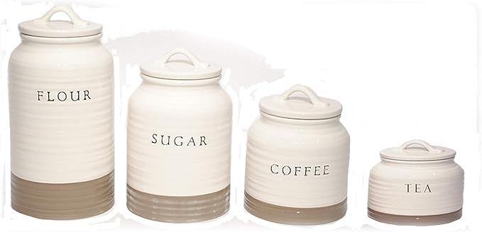 Young's Inc. Canister Sets for Kitchen, Ceramic Kitchen Canisters for Countertop, Stackable Containers for Flour Coffee Tea Sugar Container Set of 4