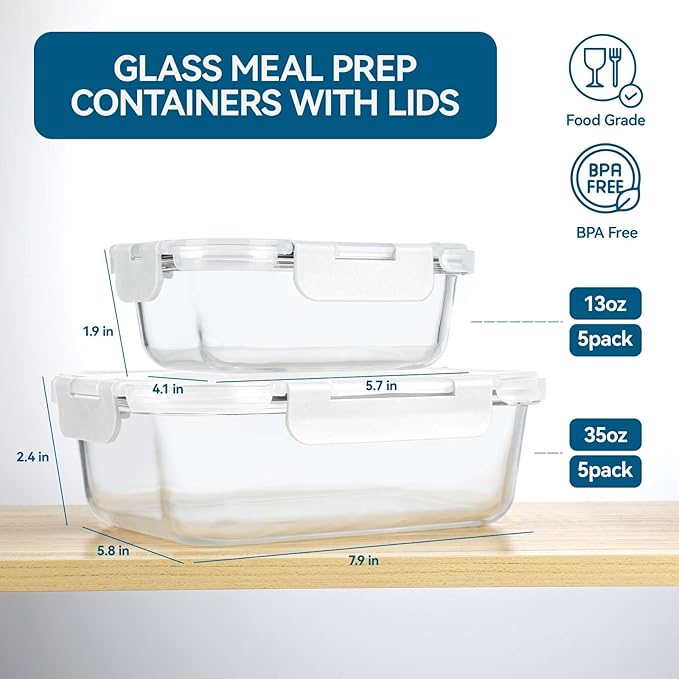 BAYZZ 10 Pack Glass Meal Prep Containers, Glass Food Storage Containers with Lids, Airtight Lunch Box, Freezer,Oven,Microwave and Dishwasher Safe,White
