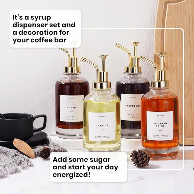 Molimoli Coffee Syrup Dispenser for Coffee Bar, Coffee Pump Dispenser, Glass Syrup Bottle w. Pump, Maple/Coffee Syrup Bottles, Set of 4 w. Labels, Gold