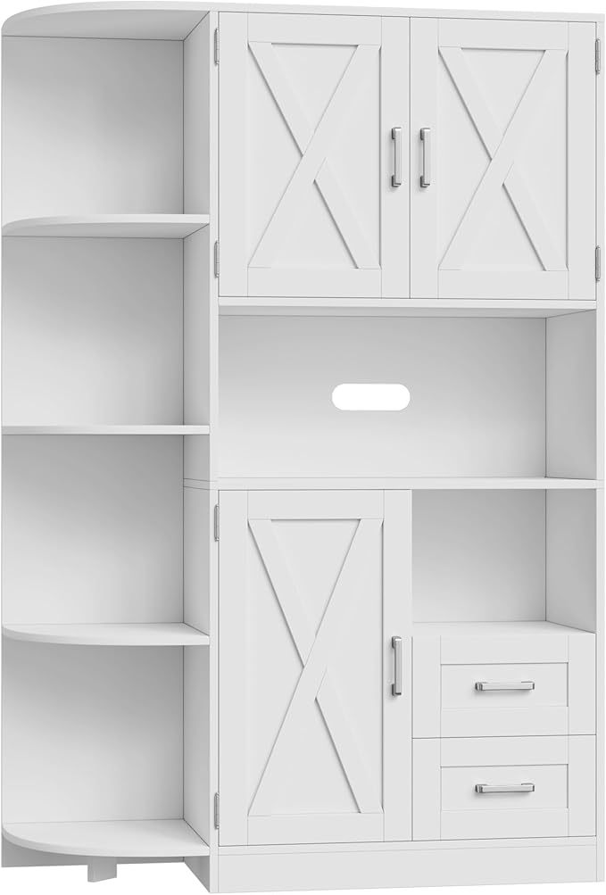 HOSTACK 60.4" Farmhouse Kitchen Pantry Storage Cabinet, Freestanding Hutch with Doors & Shelves, Buffet Sideboard with Microwave Stand, Coffee Bar with Drawers, Cupboard for Dining Room, White