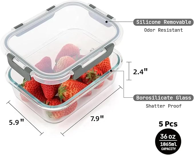 5 Pack 36 Oz Glass Meal Prep Containers with Lids, Reusable Glass Food Storage Airtight Lunch Containers with Lids, Leak Proof, Microwave, Oven, Freezer and Dishwasher Safe (Gray)