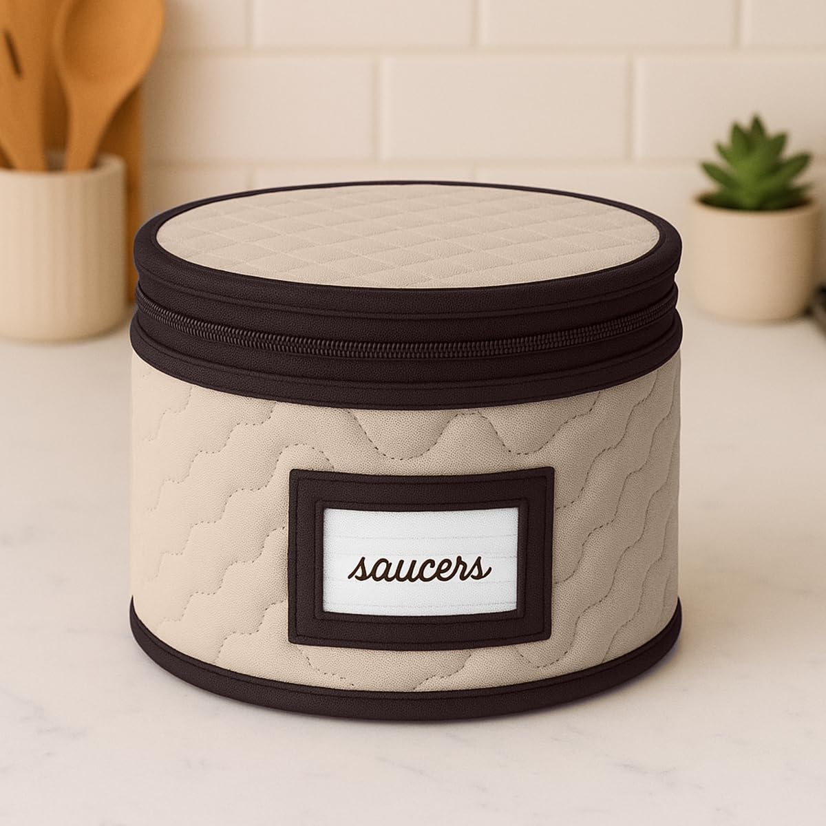 Saucers Storage Container - Quilted Microfiber China Organizer Box with Dividers - Protects & Organizes Up to 12 Plates of 7" - Ideal for Seasonal Dishware Protection