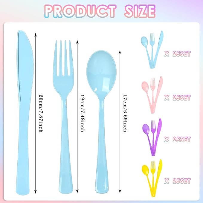 300 Pack Pink Blue Purple Yellow Disposable Plastic Silverware Heavy Duty, Plastic Cutlery Set,Forks and Spoons Knives Set for Birthday Party Prom Night, Weddings, (Macaron Colors)