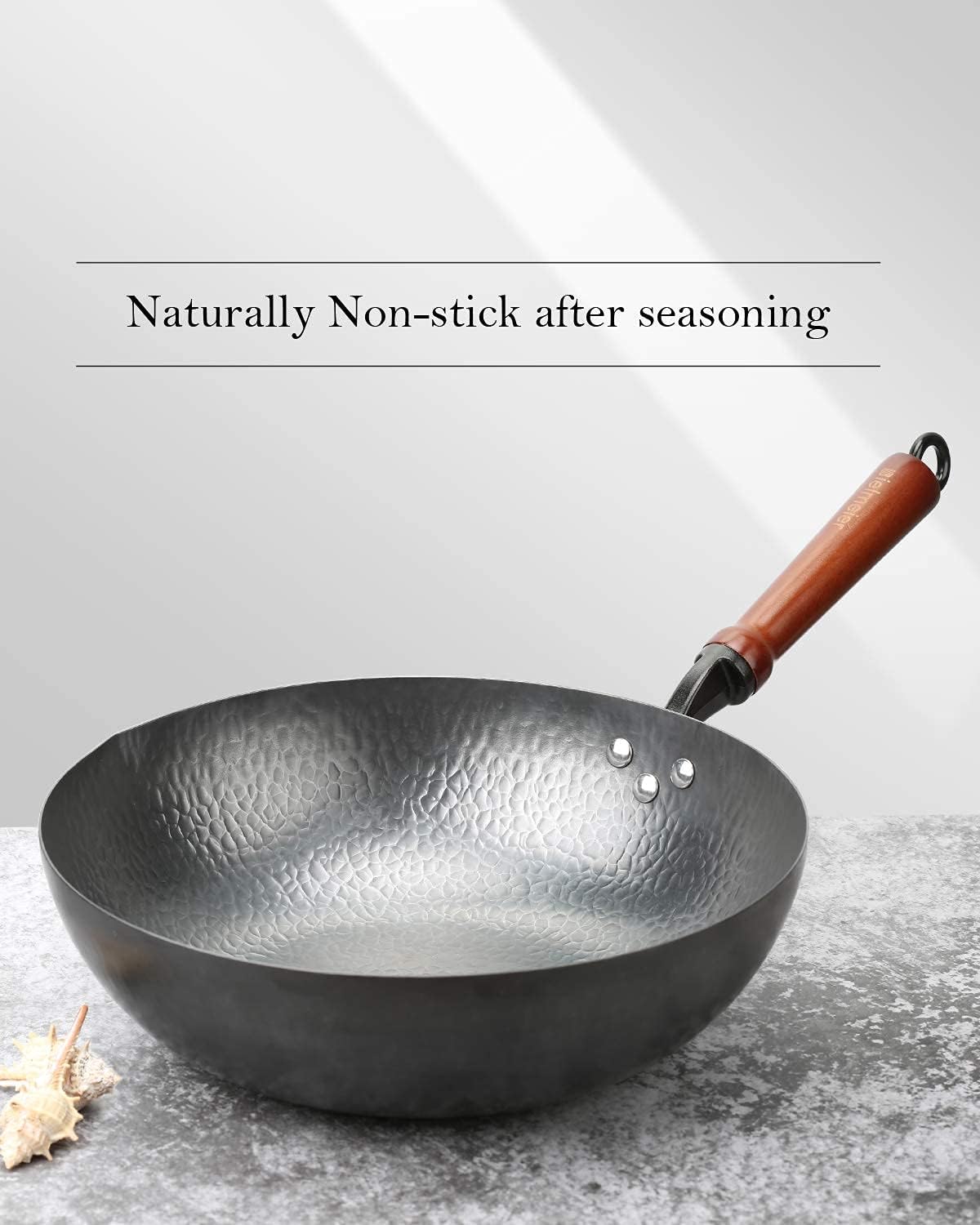 Wok Pan 12.5", Stir Fry Pan with Lid, Gloves & Cookware Accessories, Carbon Steel, Suitable for All Stoves (Flat Bottom)