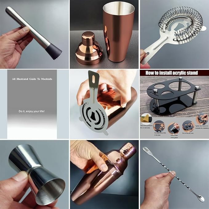 Cocktail Shaker Bartender Kit: 5 Piece Bar Tool Set, Cocktail Shaker Set with Stand, Drink Mixing Includes Martini Shaker,Strainer,Jigger,Bar Mixer Spoon,Muddler (Rose Gold, 750ml(25oz))