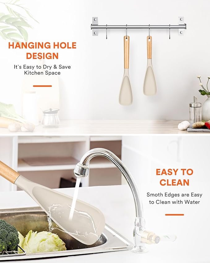 Multifunction Spatula Spoon for Nonstick Cookwares, Great for Cooking and Serving, Sturdy BPA-Free Matte Silicone, Wood Handle Spatula for Mixing, Scoop, and Scrape, Khaki(2 pack,11.4" & 13.4")