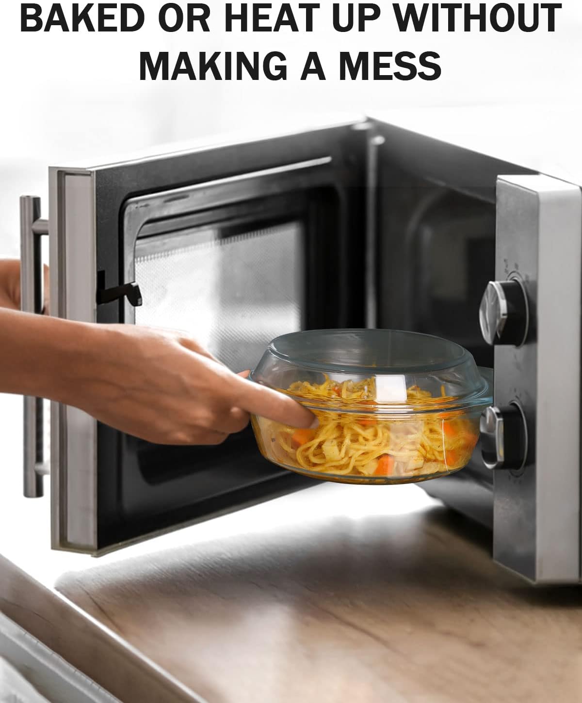 ZYER Round Glass Casserole With Glass Lid Covered Glass Bakeware Ovenware Easy Grab Glass Microwave Bowls with Glass Lid (1L)