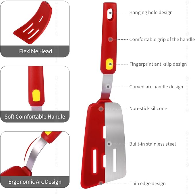 Silicone Spatula Turner Heat Resistant 600°F 3 Piece Set Non Scratch Flexible Slotted and Solid Thin Rubber Spatula Flipper for Cooking Pancake,Egg,Fish,Burger,Steak for Nonstick Cookware,Red