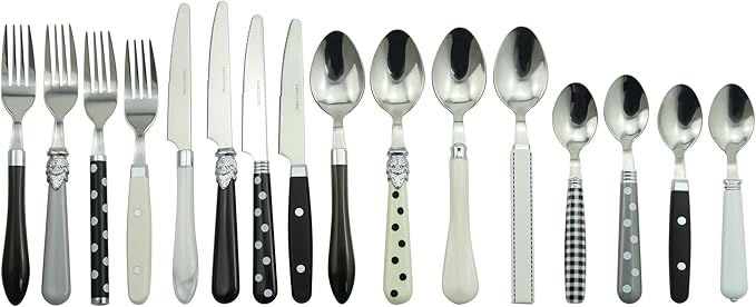The Original Brink House Eclectic Black & White Mix & Match Stainless Steel Cutlery Set / 16 pieces with Metal Stand/Lifestyle utensils set for home, first apartment, dorm, dinner parties