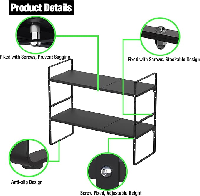 Expandable Kitchen Cabinet Storage Shelf, Stackable Metal Pantry Storage Shelves Organizer, Adjustable Height Counter Spice Rack for Kitchen Cabinet (Black - 16.5"-27" L x 10.2" W x 9.6" H - 3Pack)