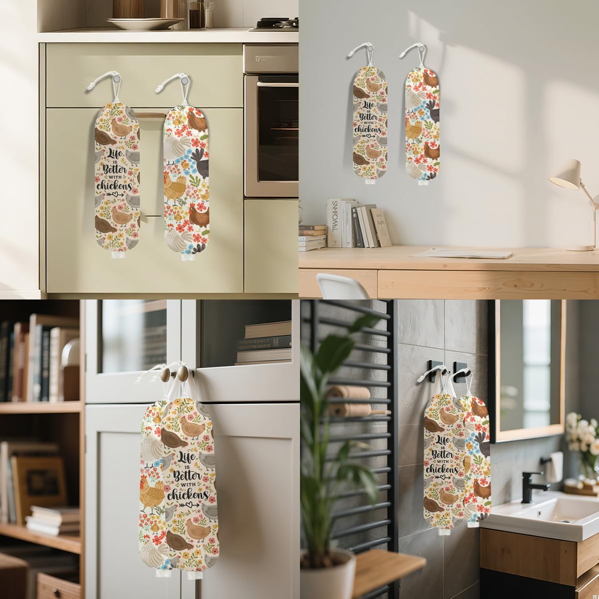 2 Pcs Chicken Plastic Bag Holder, Funny Chickens Grocery Bag Holder for Plastic Bags, Pull Rope Free Adjustment, Floral Grocery Bags Storage Dispenser for Home Kitchen, Chicken Gifts for Women