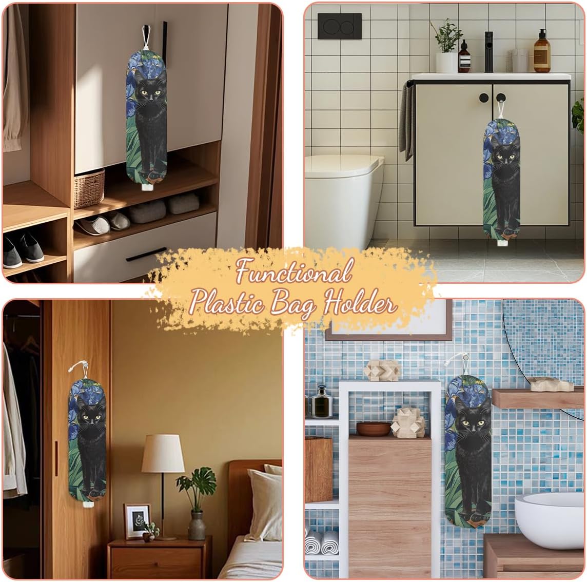 Flower Cat Plastic Bag Holder, Wall Mount Grocery Bag Holder, Plastic Storage bag, Pull Rope Free Adjustment, Plastic Bag Holders for Grocery Bags, Plastic Bag Dispenser for Home Kitchen