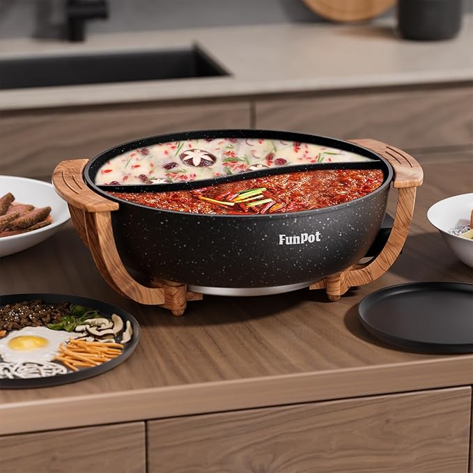 Multi-Temp Electric Hot Pot with Dual Dividers, 1100W Fast Heat & Auto Safety Shut-Off, 6L Family-Size Non-Stick Pot for 4-12 People (Wraparound Wood-grain Handles)