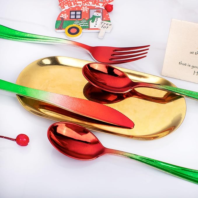 Liacere 200PCS Christmas Plastic Silverware - Red and Green Plastic Silverware include 100PCS Red and Green Forks, 50PCS Red and Green Knives, 50PCS Red and Green Spoons for Christmas