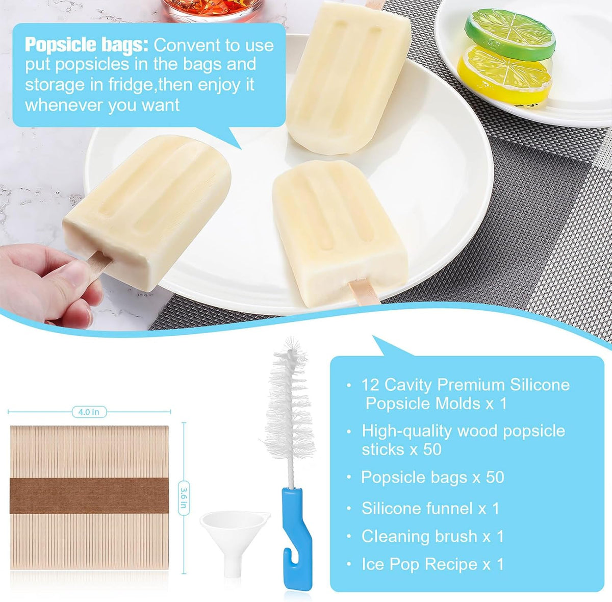 Silicone Popsicles Molds,Ice Pop Cream Mold Set Homemade Toddler Popsicle Maker For Kids Para Paletas De Helado Kulfi BPA Free, with 50 Sticks, 50 Bags,50 wire Ties (Blue)