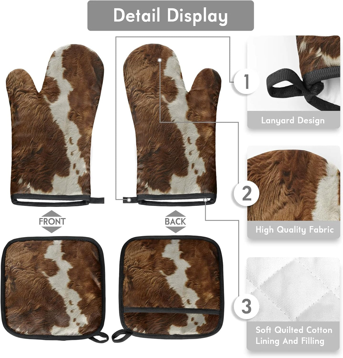 Cow Print Vintage Brown Oven Mitts and Pot Holders Sets, 2 Pcs Cow Decorative Kitchen Oven Glove for Cooking