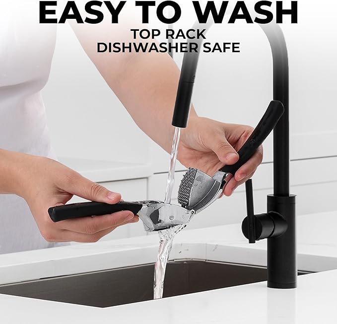 Zulay Kitchen Comfort Grip Garlic Press - Garlic Mincer Tool - Garlic Crusher - Garlic Press Mincer Rust Proof, with Soft Ergonomic Handle, Easy Clean Set with Peeler and Brush