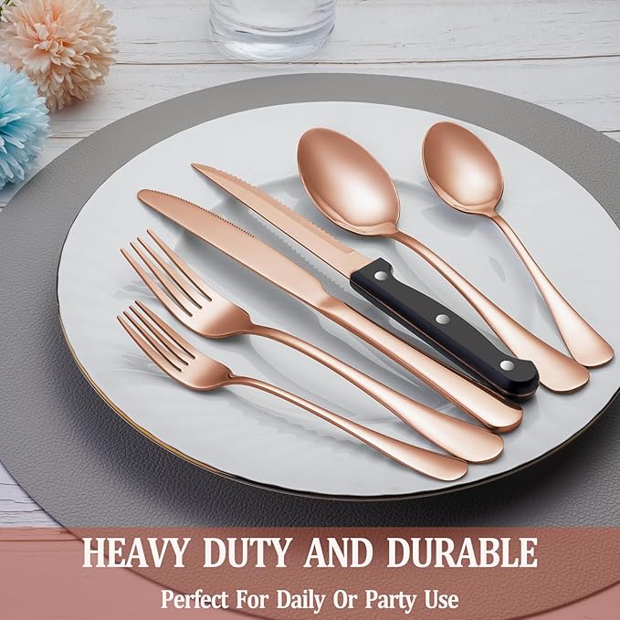 72 Pcs Rose Gold Silverware Set with Steak Knives Service for 12,Stainless Steel Flatware Set,Mirror Polished Cutlery Utensil Set, Kitchen Eating Tableware,Include Fork Knife Spoon Set,Dishwasher Safe