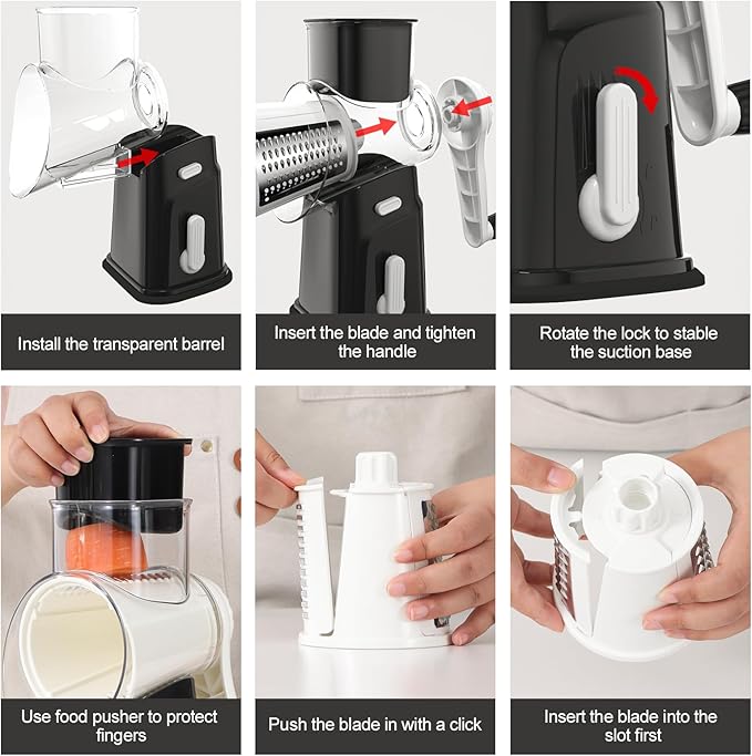Ourokhome Cheese Grater Hank Crank Cheese Shredder, Mandoline Vegetable Slicer with 5 Interchangeable Blades and Strong Suction Base for Fruit, Vegetables, Nuts Black