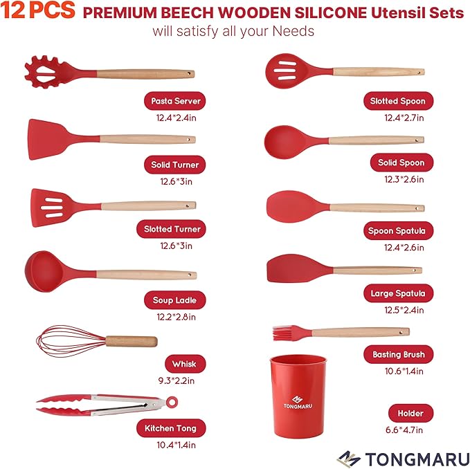 Silicone Cooking Utensils Set, Premium Beech Wood Handle Kitchen Gadgets Utensil Set, Non-Stick Kitchen Utensils Spatula, Tongs, Turner, Whisk, Brush, Spoon, BPA FREE, 446°F Resistant (Red)