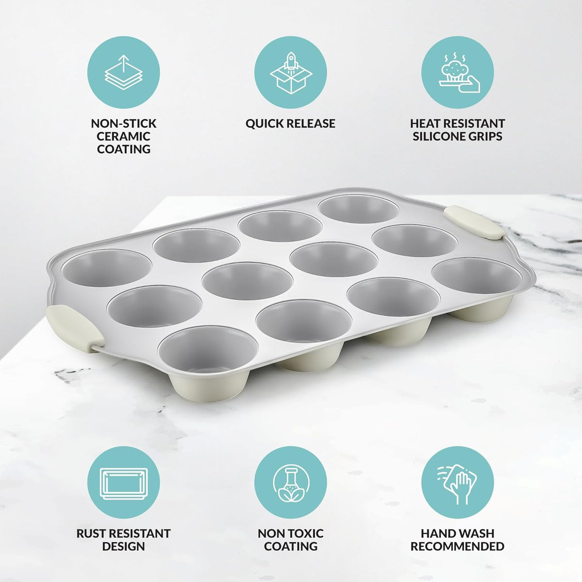 Boxiki Kitchen 12 Cups Ceramic Coated Muffin Pan for Baking - Durable Steel Frame Cupcake Pan w/Nonstick Surface - Professional Muffin Tray with Silicone Handles