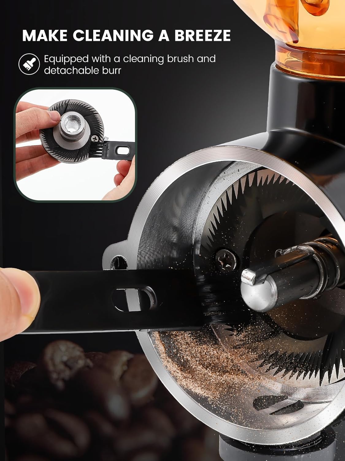Huanyu Stainless Steel Coffee Grinder Electric with 8 Grinding Settings Flat Burr Coffee Grinder Adjustable Burr Coffee Grinders for Home Use Black