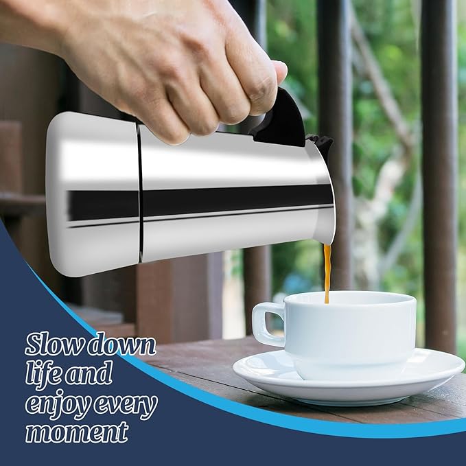 6 Cup Moka Pot Stainless Steel 300ml Italian Espresso Coffee Maker Stovetop CoffeeMakers Mocha Pot Percolator for Induction Stove Classic Cafe Makers Portable for Easy Brewing Tummy