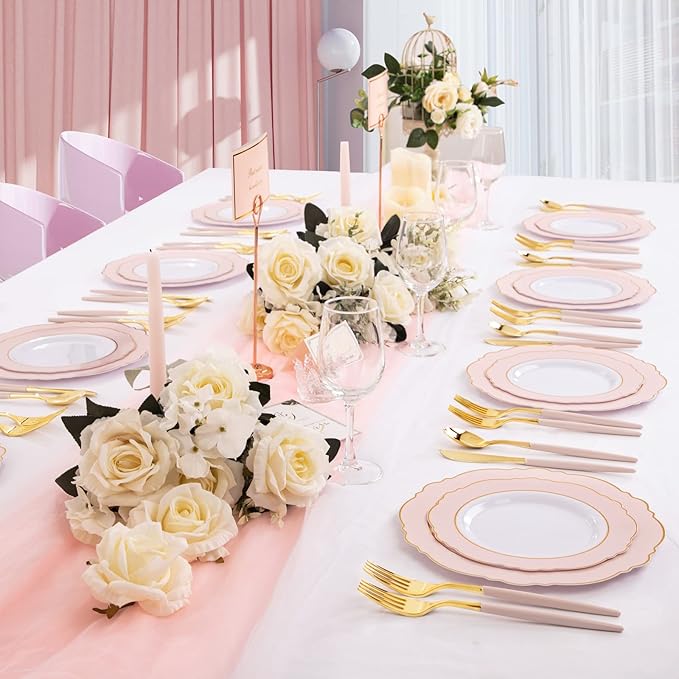 Rubtlamp 90Pcs Gold Plastic Silverware, Thanksgiving Gold Utensils Set With Pink Handles Include 30 Gold Knives, 60Plastic Forks and Spoons, Pink Silverware Heavy Duty For Thanksgiving