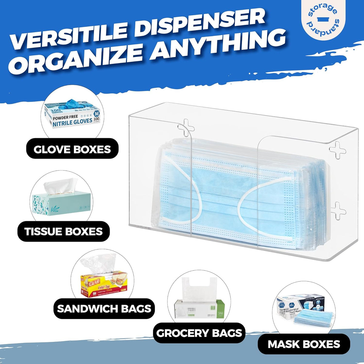 Storage Standard Glove Box Holder Dispenser - Kitchen, Medical, & Latex Gloves Holder Wall Mount or Countertop, Universal Fit - Thick Acrylic, Easy to Use, Slide, & Load Open Top Design - Clear