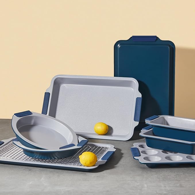BRONYPRO Nonstick Ceramic Bakeware Set (9 Pieces),Heavy Duty Aluminized Steel Bakeware-Baking Pans Set with Silicone Handles,Includes Sheet Pans,Loaf Pan,Muffin pan,Cake pans,PTFE & PFOA Free - Blue